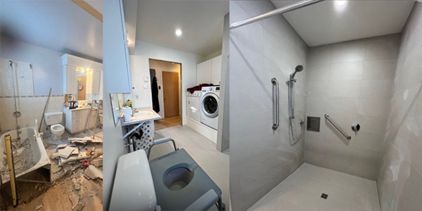 L'image montre une transformation d'une salle de bain avant et après rénovation. À gauche, on voit une salle de bain en mauvais état, démontée avec des débris au sol et des installations délabrées. Au centre, on aperçoit la salle de bain rénovée avec une machine à laver, un lavabo adapté et une chaise spéciale. À droite, on voit une douche accessible de plain-pied avec des barres d'appui et une assise, conçue spécifiquement pour les personnes à mobilité réduite. Cette image illustre la transformation d'un espace standard en salle de bain adaptée et fonctionnelle pour personnes handicapées. Crédit photo : Gracieuseté.